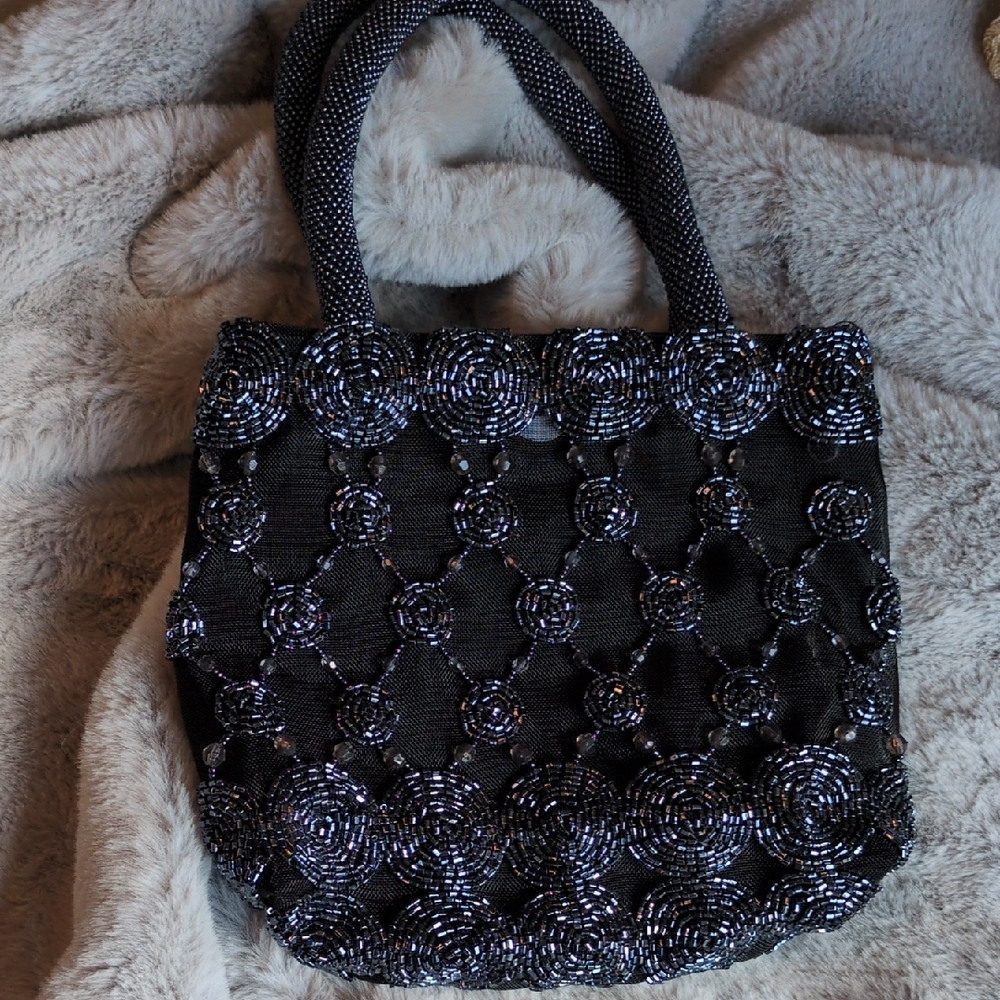 Elegant Black Beaded Mesh Evening Bag